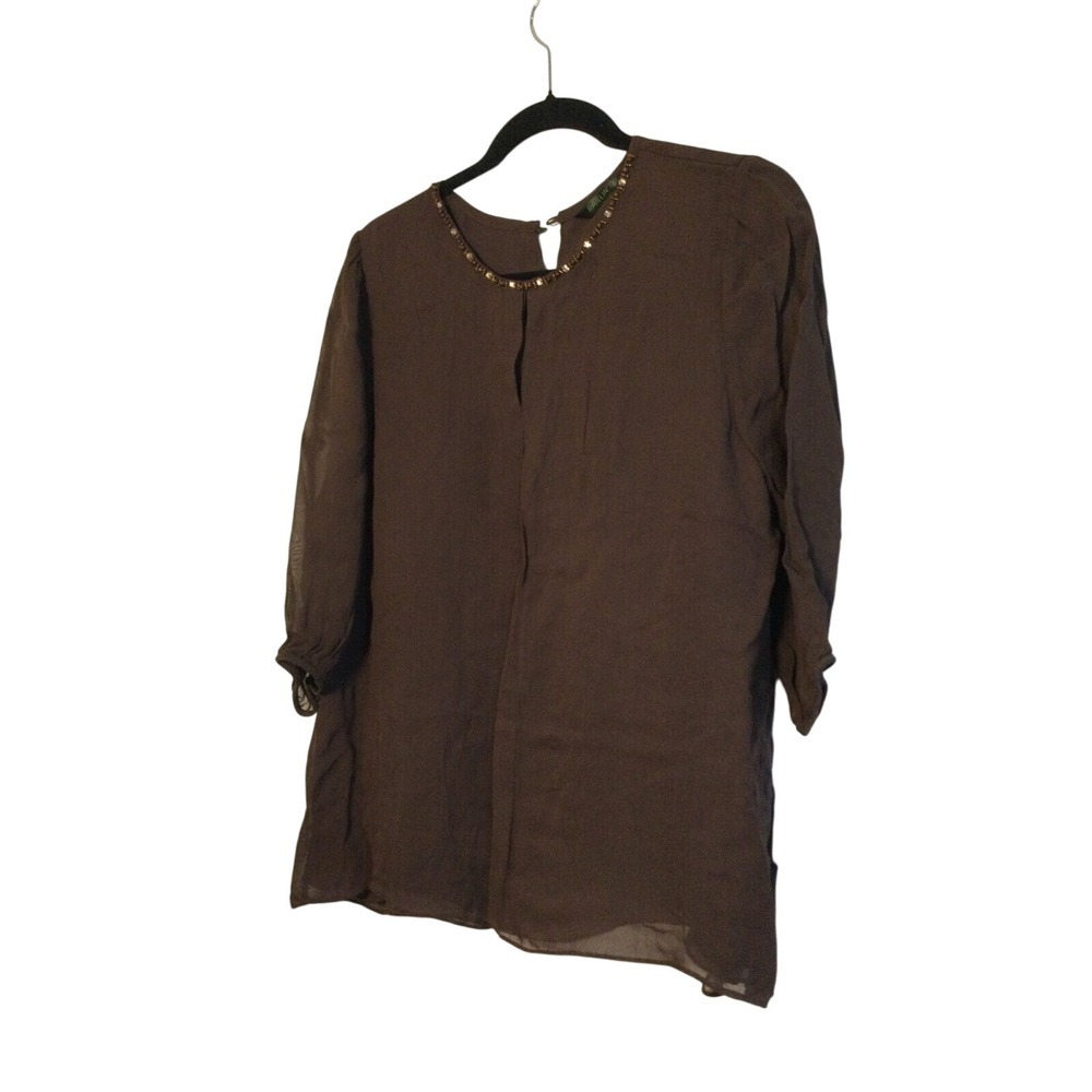 Railin Beaded Neckline Blouse Sheer‎ Brown 3/4 Sleeve Top size L